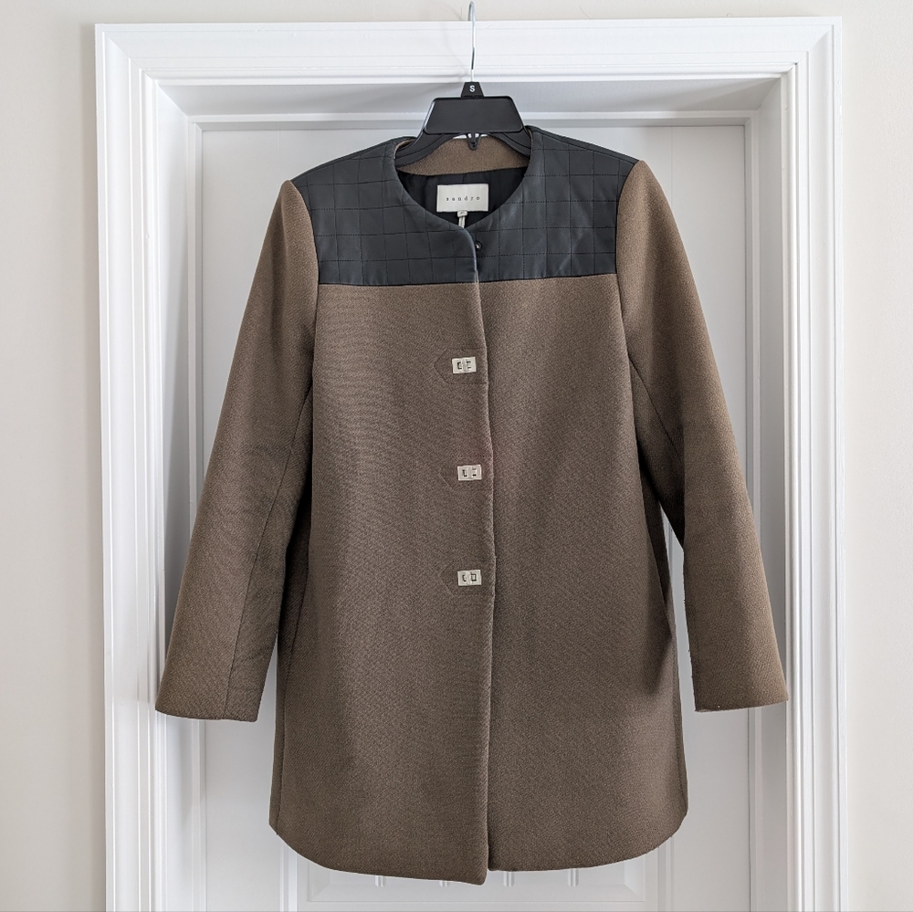 Sandro | Wool-Blend Tailored Coat in Brown with Leather Detail - EU 40